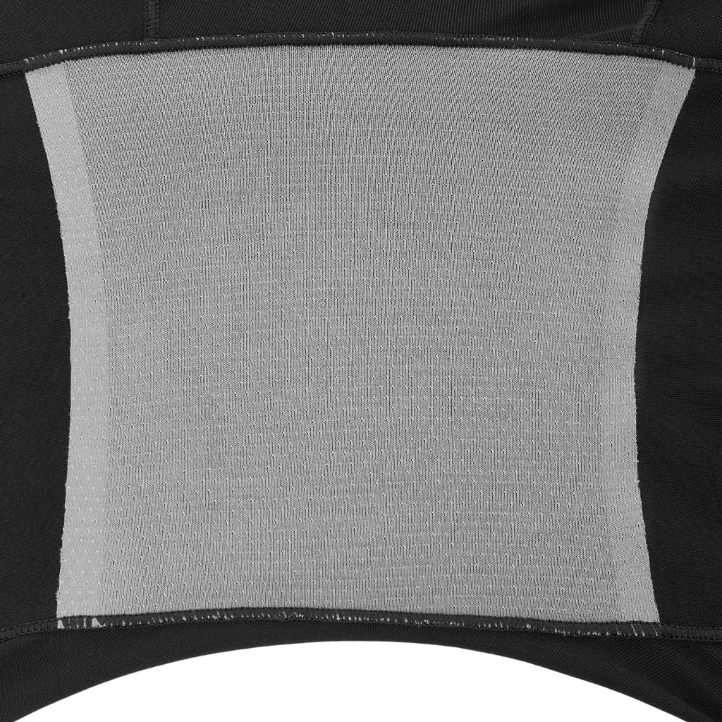 Close-up of a textile featuring PureSnug's black undie with a gray gusset panel bordered by black fabric, ideal for activewear or supportive garments.