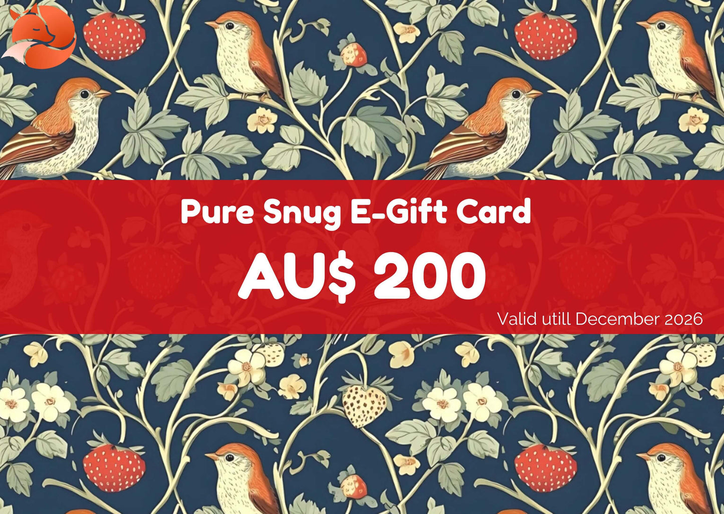 Pure Snug $200 E-Gift Card with berries and birds design on a navy blue background