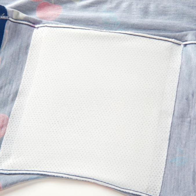 Close-up of a light blue shirt with a large white sewn on gusset.