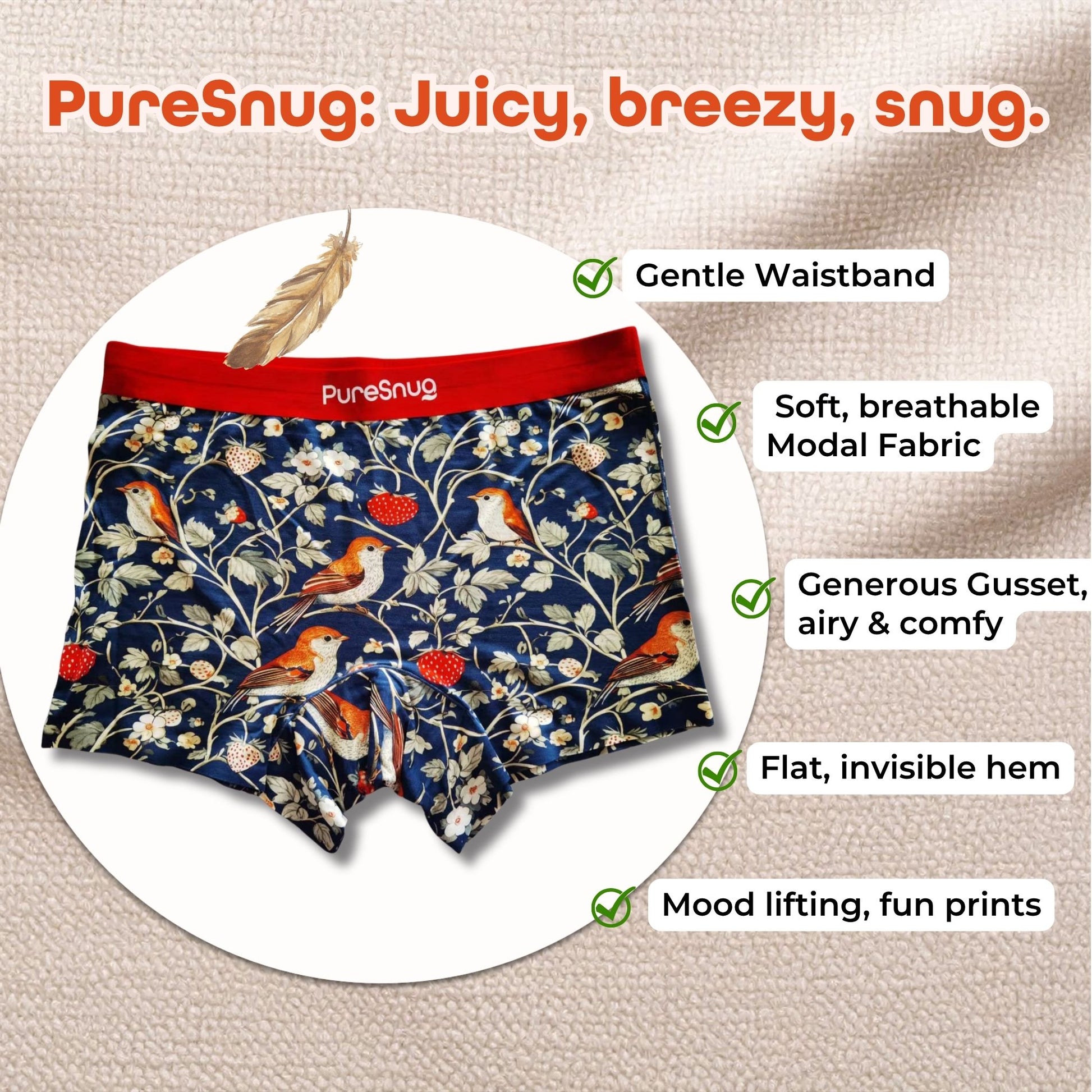 Floral-patterned underwear with 'PureSnug' branding on a beige background