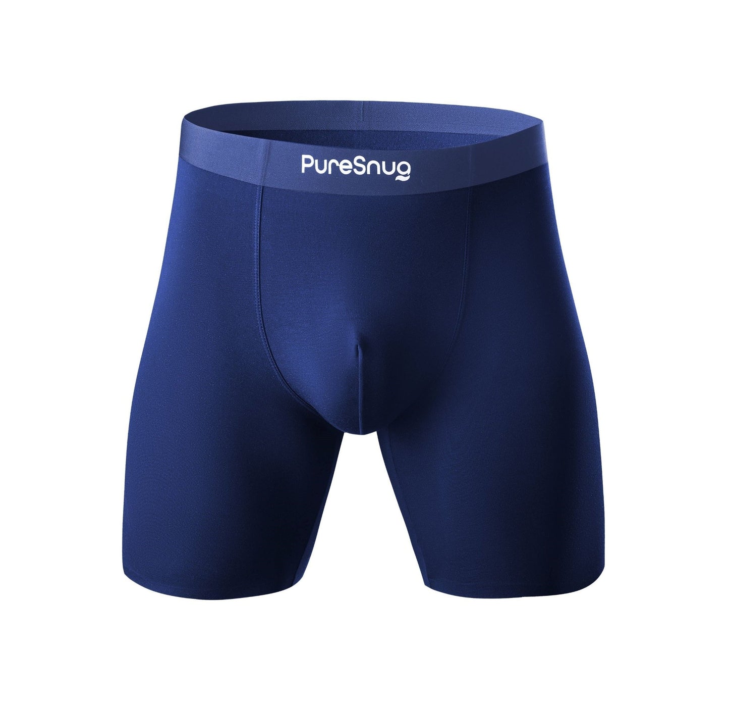 PureSnug Men's Boxer Briefs in navy blue – comfy and breathable modal fabric, 6-inch inseam, flat gentle waistband.