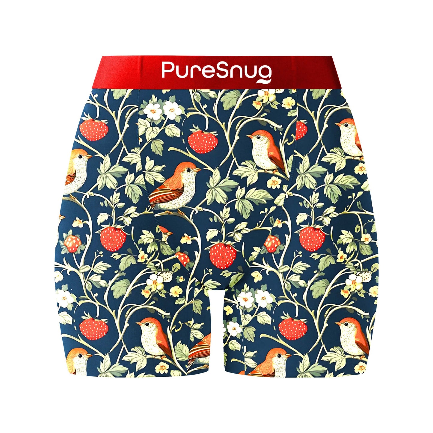 women's boxer briefs with bird and strawberry pattern on a navy blue background, and berry red waistband, featuring the brand 'PureSnug'.