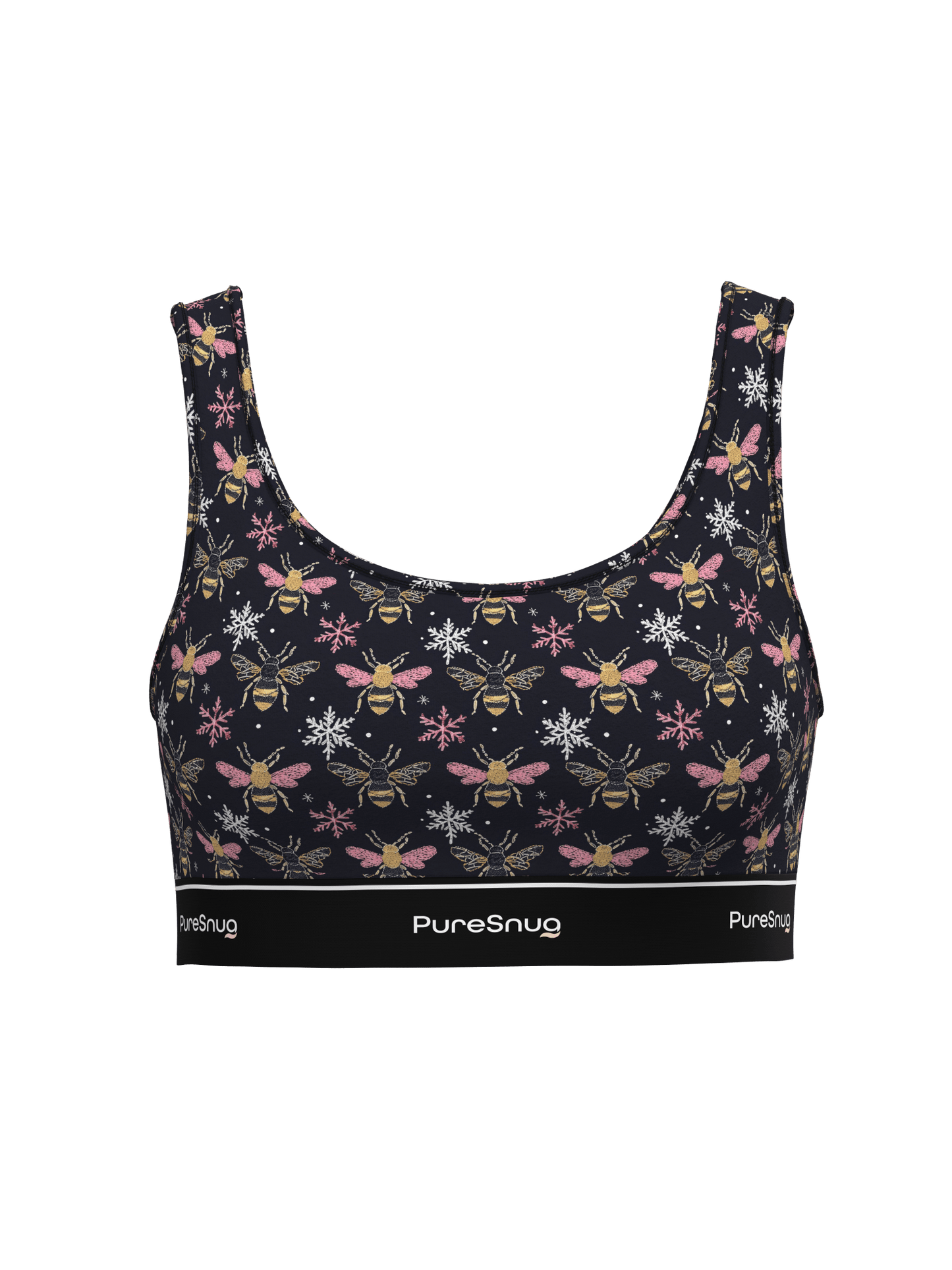 Front view of PureSnug Bees Print Crop Top featuring playful busy bee graphics and snowflakes with pops of pink on black.
