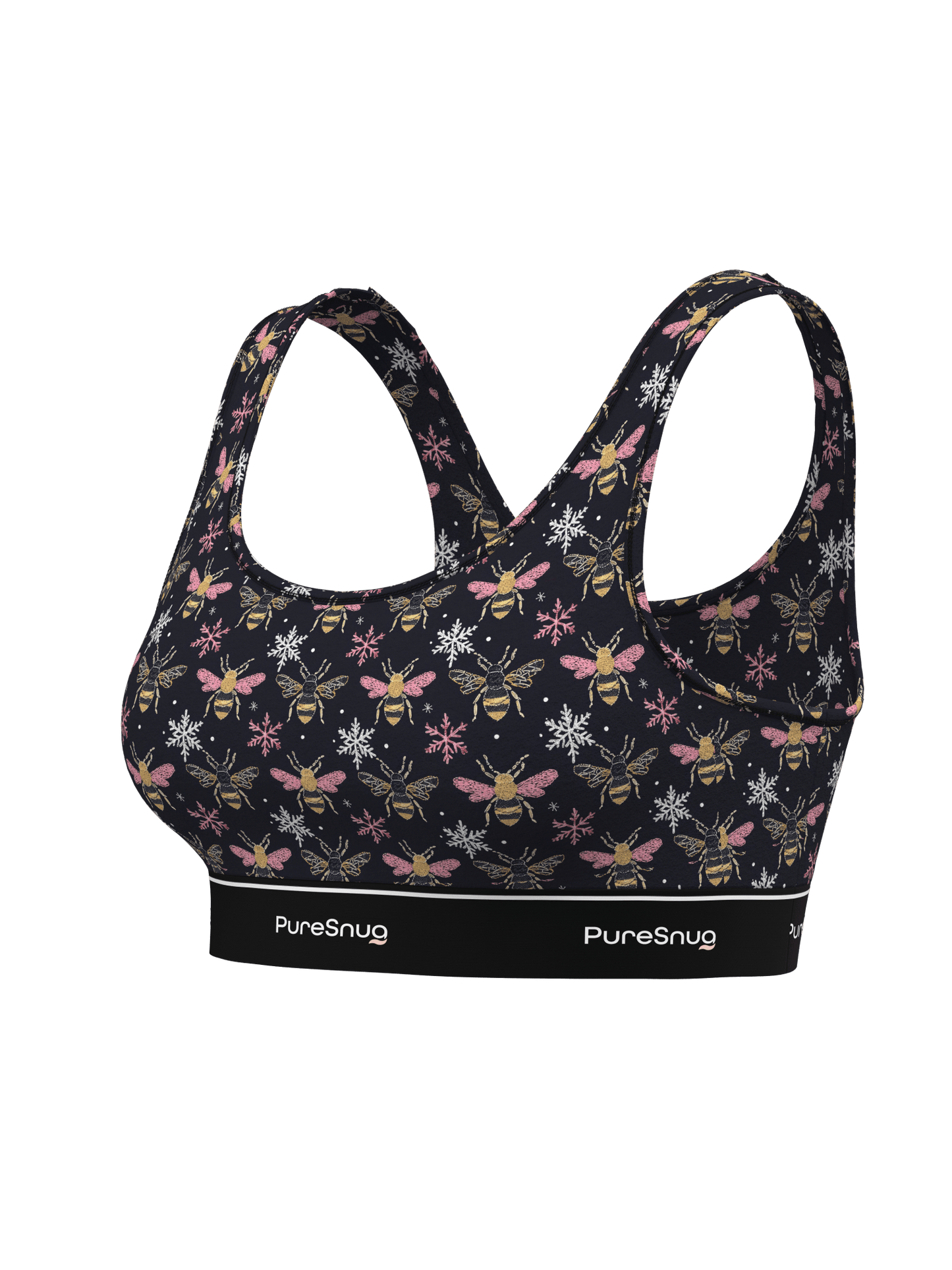 Side angle of PureSnug Bees Print Crop Top highlighting its vibrant bee design, flattering shape