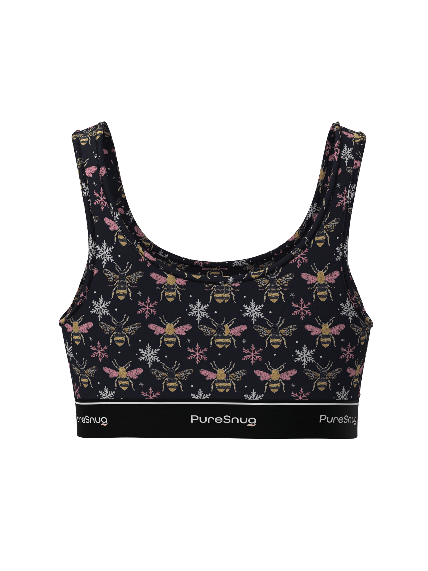 Back view of PureSnug Bees Print Crop Top showcasing a fun bee pattern and wide shoulder straps for a comfy.
