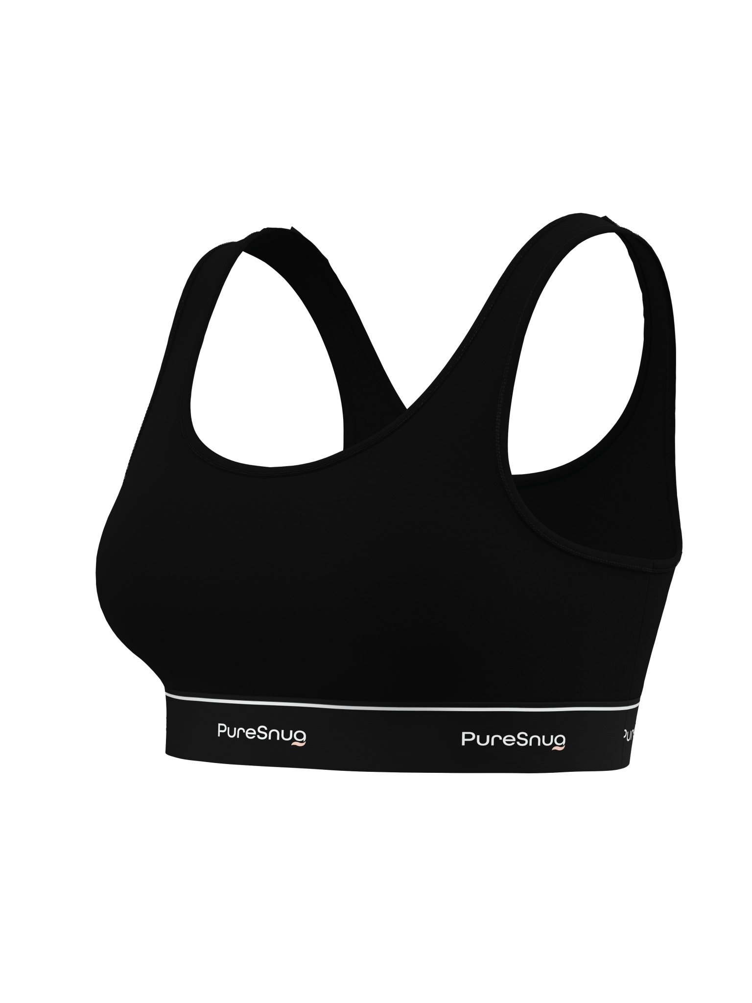Side angle of PureSnug Classic Black Crop Top highlighting its contoured fit, scoop neckline, and signature logo band.