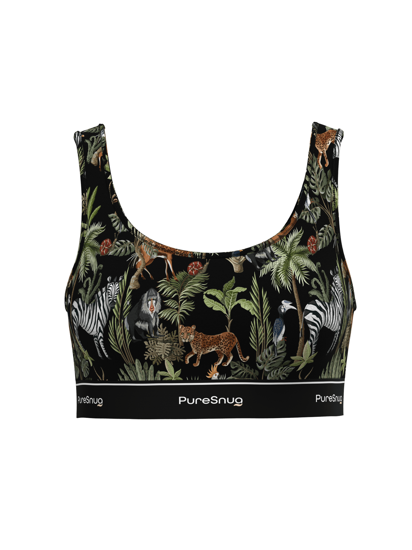 Front view of PureSnug Jungle Print Crop Top with tropical leaf pattern on black, featuring a scoop neckline