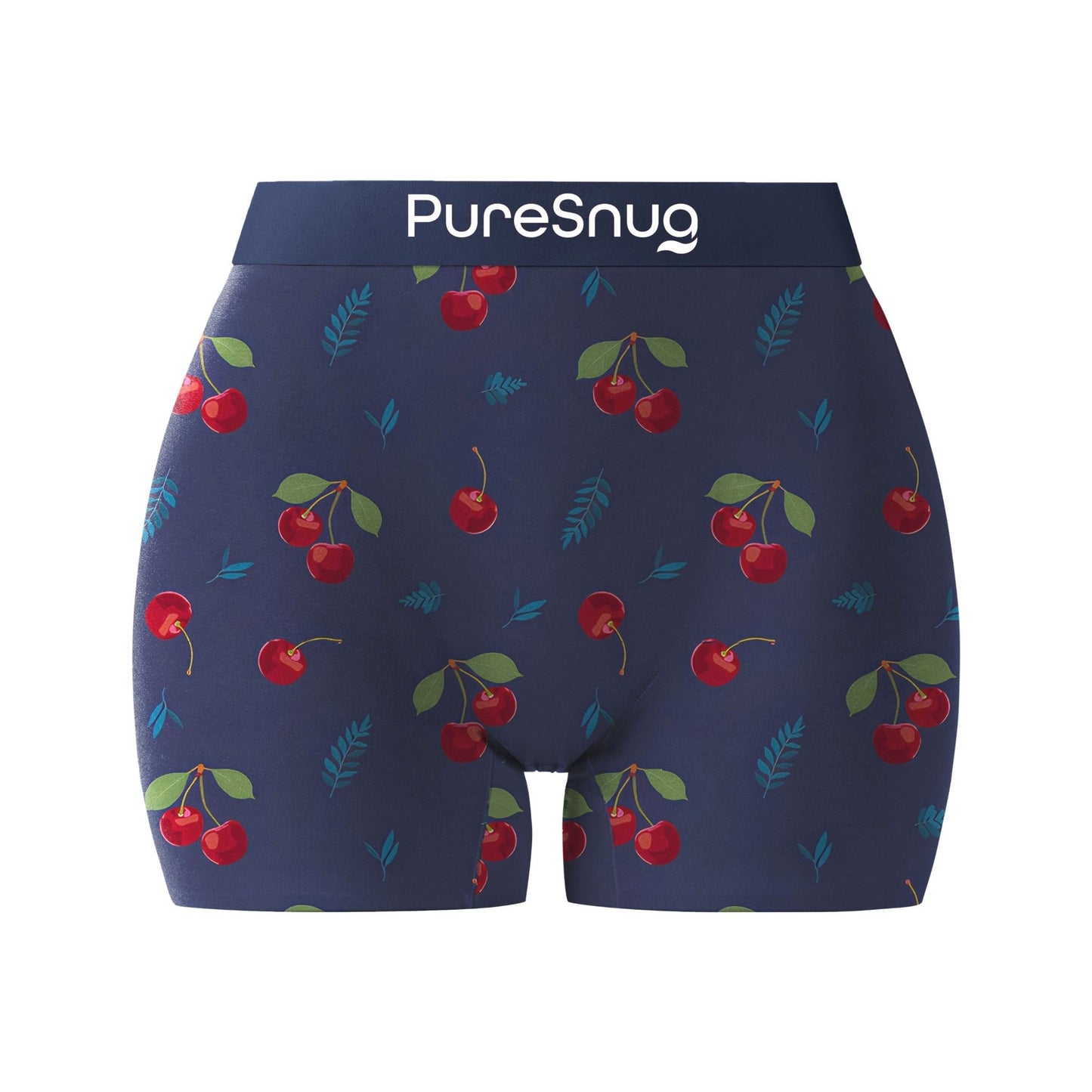 Puresnug underwear, boyleg in 3 inches inseam, boxer briefs, booty short. underwear in cherry print. in navy blue background.