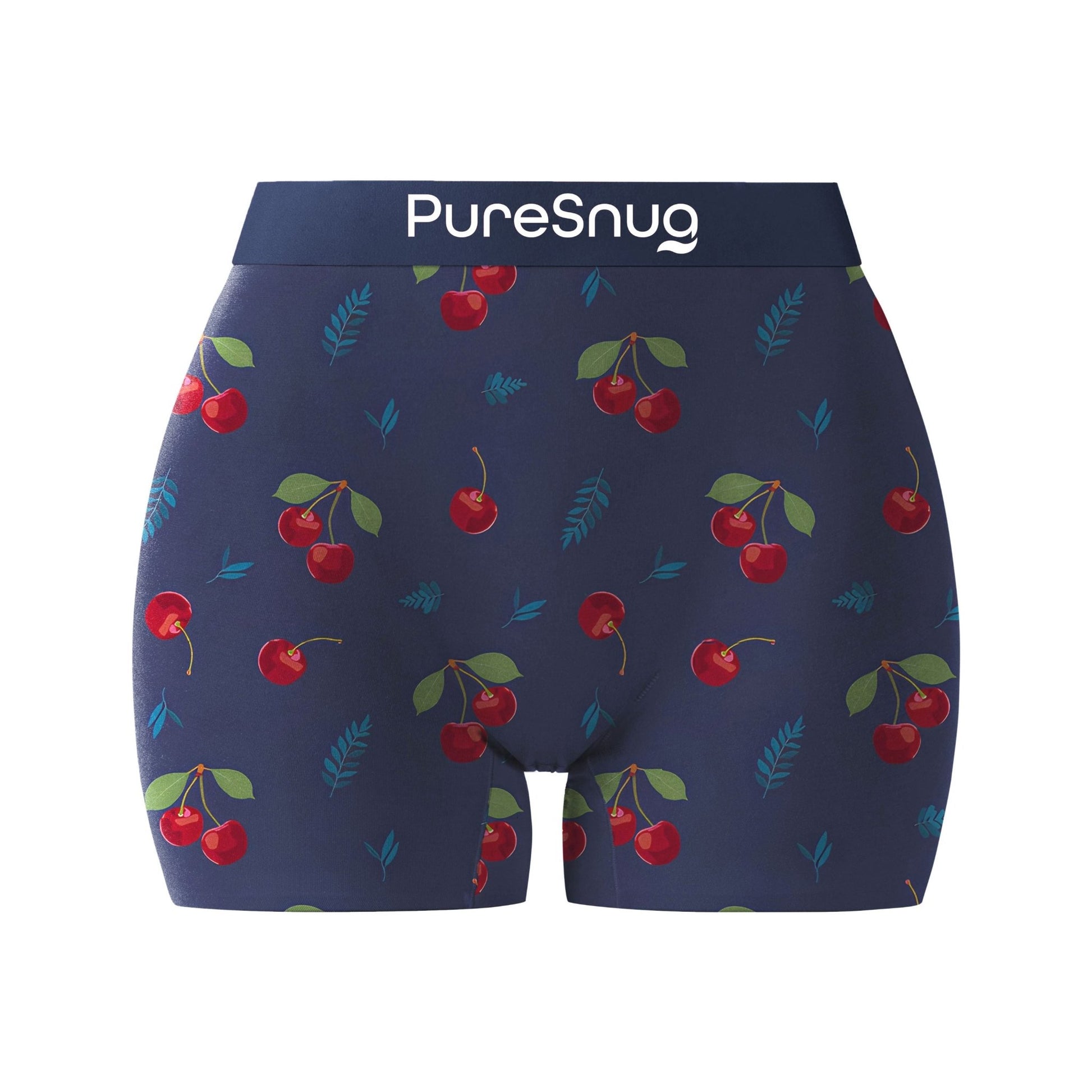 Puresnug underwear, boyleg in 3 inches inseam, boxer briefs, booty short. underwear in cherry print. in navy blue background.
