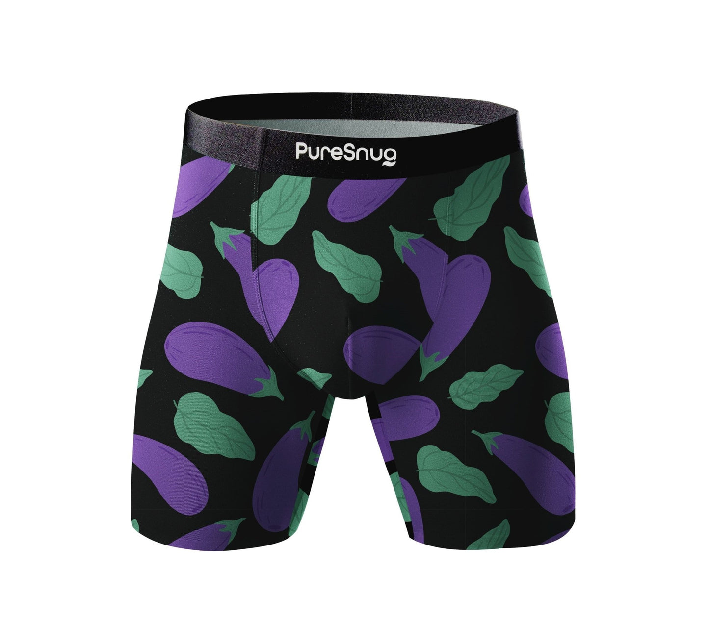 PureSnug Men's Boxer Briefs with ''ball-room'' pouch in cheeky eggplant print on black background – breathable modal fabric, 6-inch inseam, snug and supportive fit, PureSnug logo waistband, sizes XS to 4XL