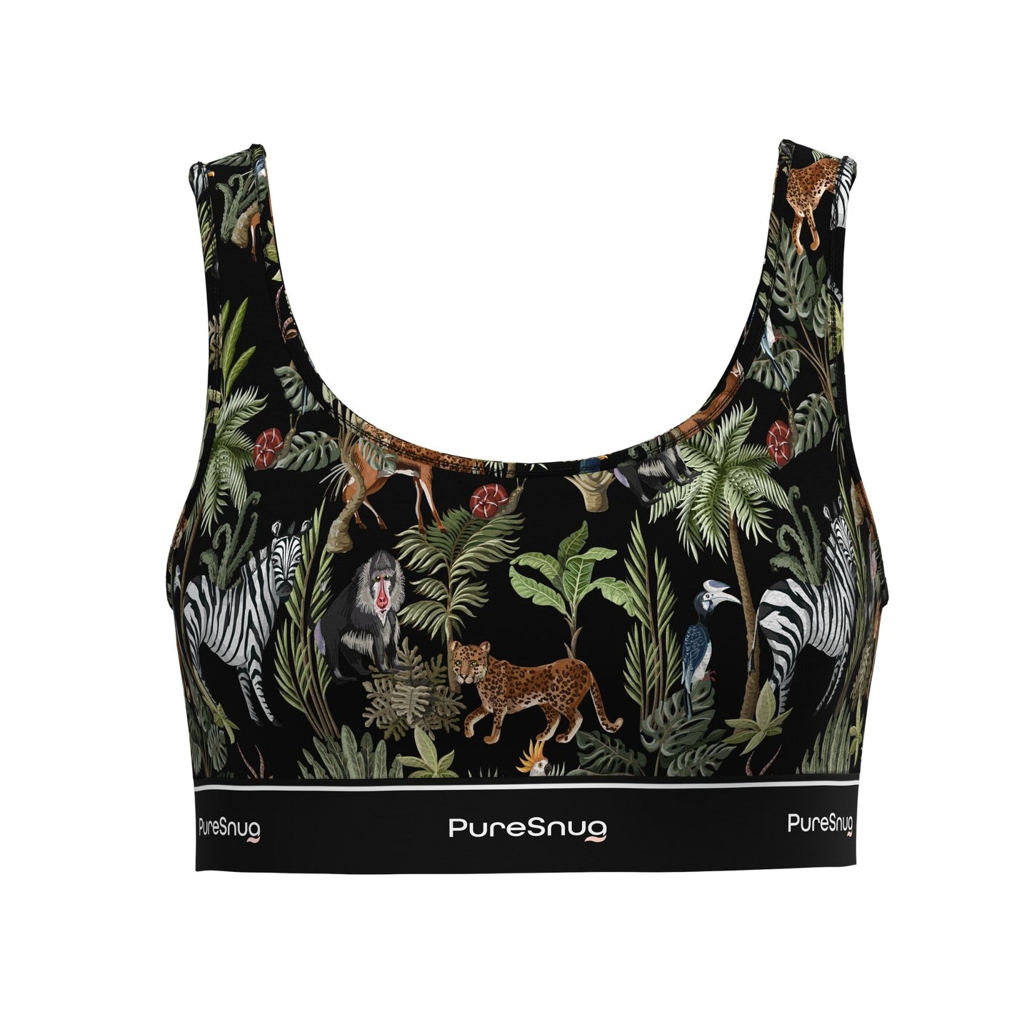 Front view of PureSnug Jungle Crop Top with scoop neckline and branded elastic band for sleek, supportive comfort.