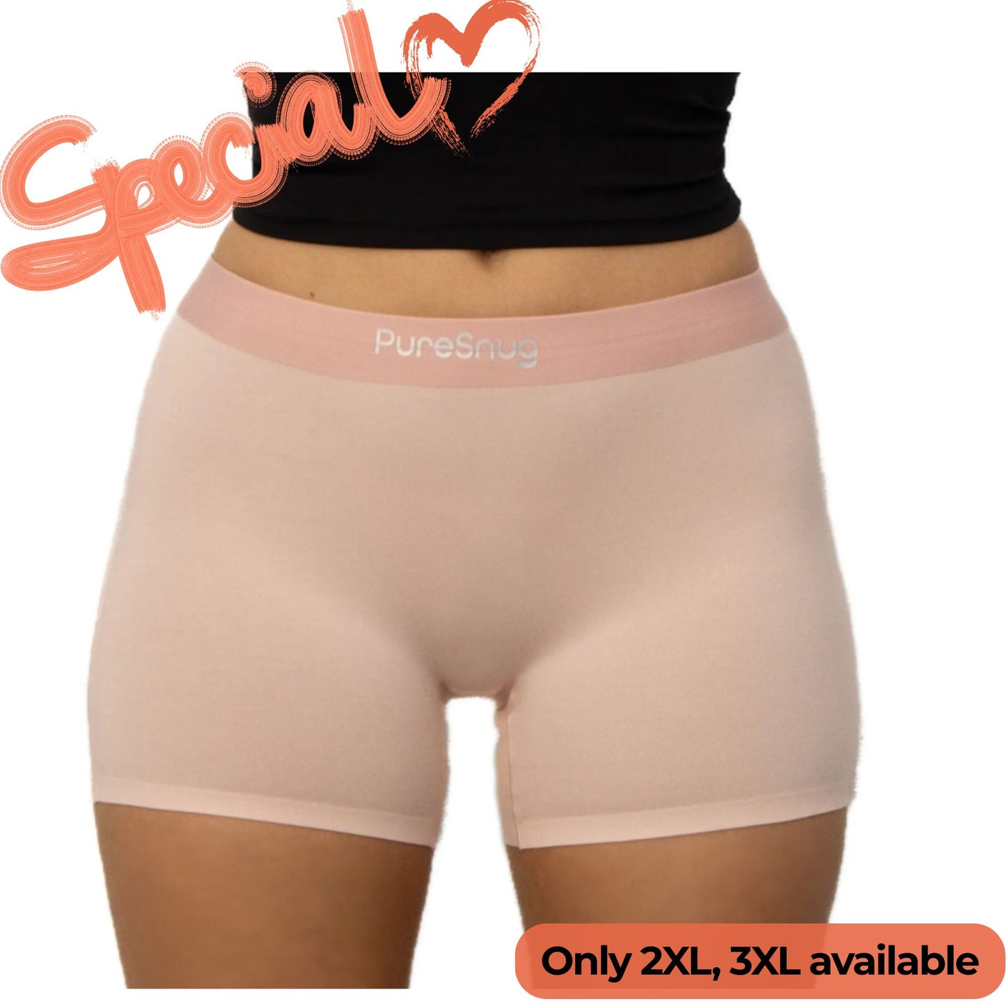 A person wearing light pink, form-fitting shorts with "PureSnug" on the waistband. Text reads "Special" with a heart.