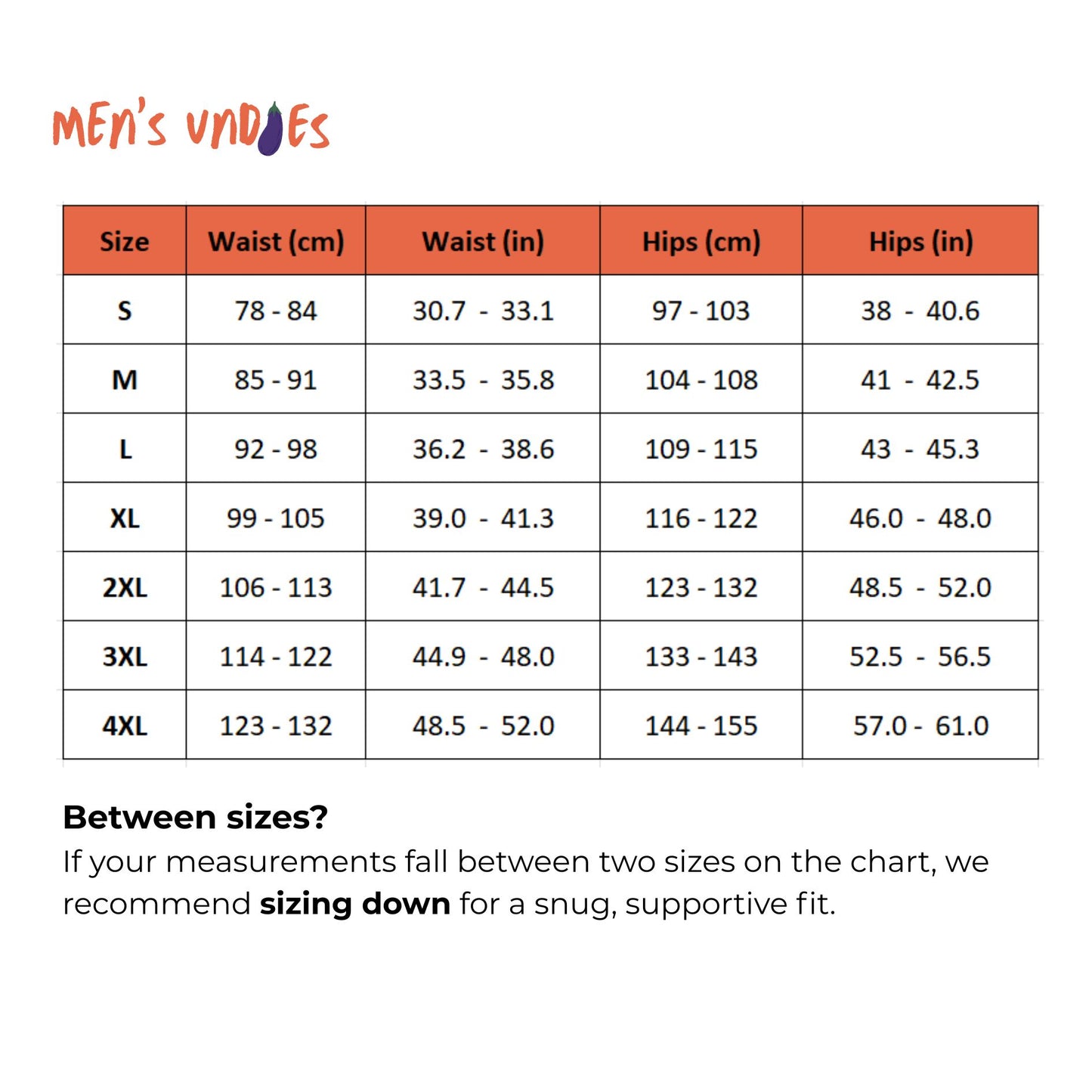 PureSnug men's underwear size chart showing waist, hips, and flat waist measurements in cm and inches for sizes S to 4XL