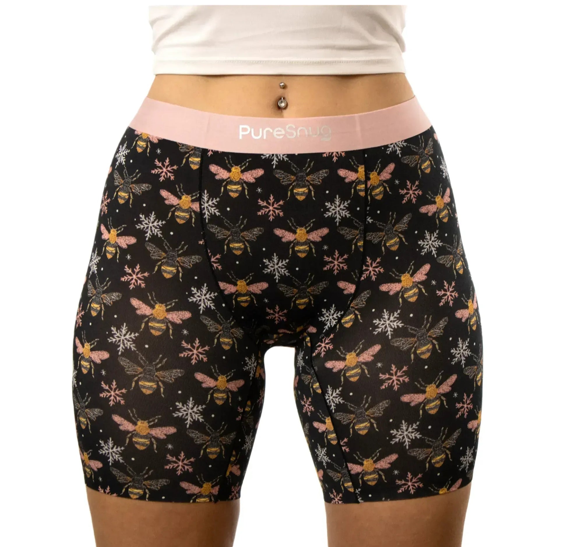 PureSnug ladies' bees-print boxer briefs with pink waistband. Smooth, comfy, no chafing, no ride-up, no panty line.