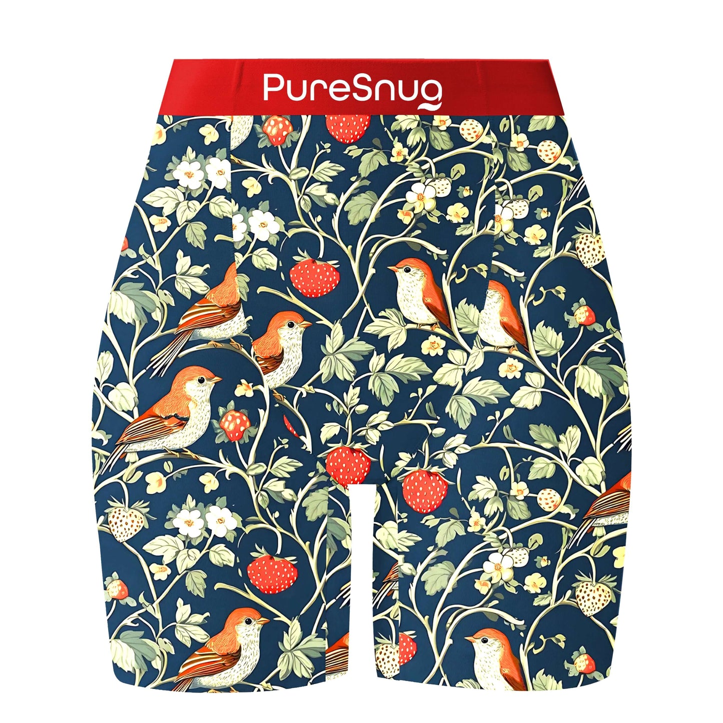 Women's biker briefs with bird and strawberry pattern on a navy blue background, and berry red waistband, featuring the brand 'PureSnug'.