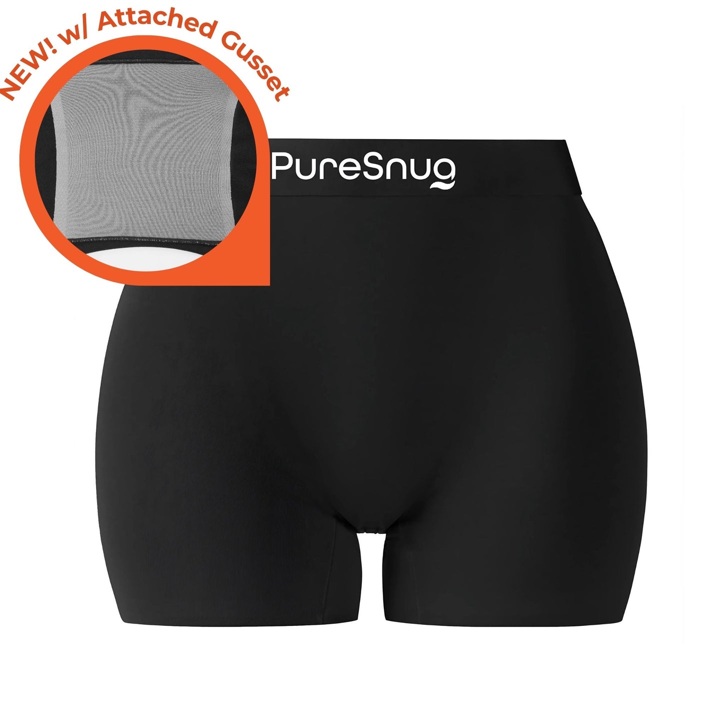 PureSnug’s black boyleg shorts with logo waistband and a standout gray gusset, designed for added comfort and style.