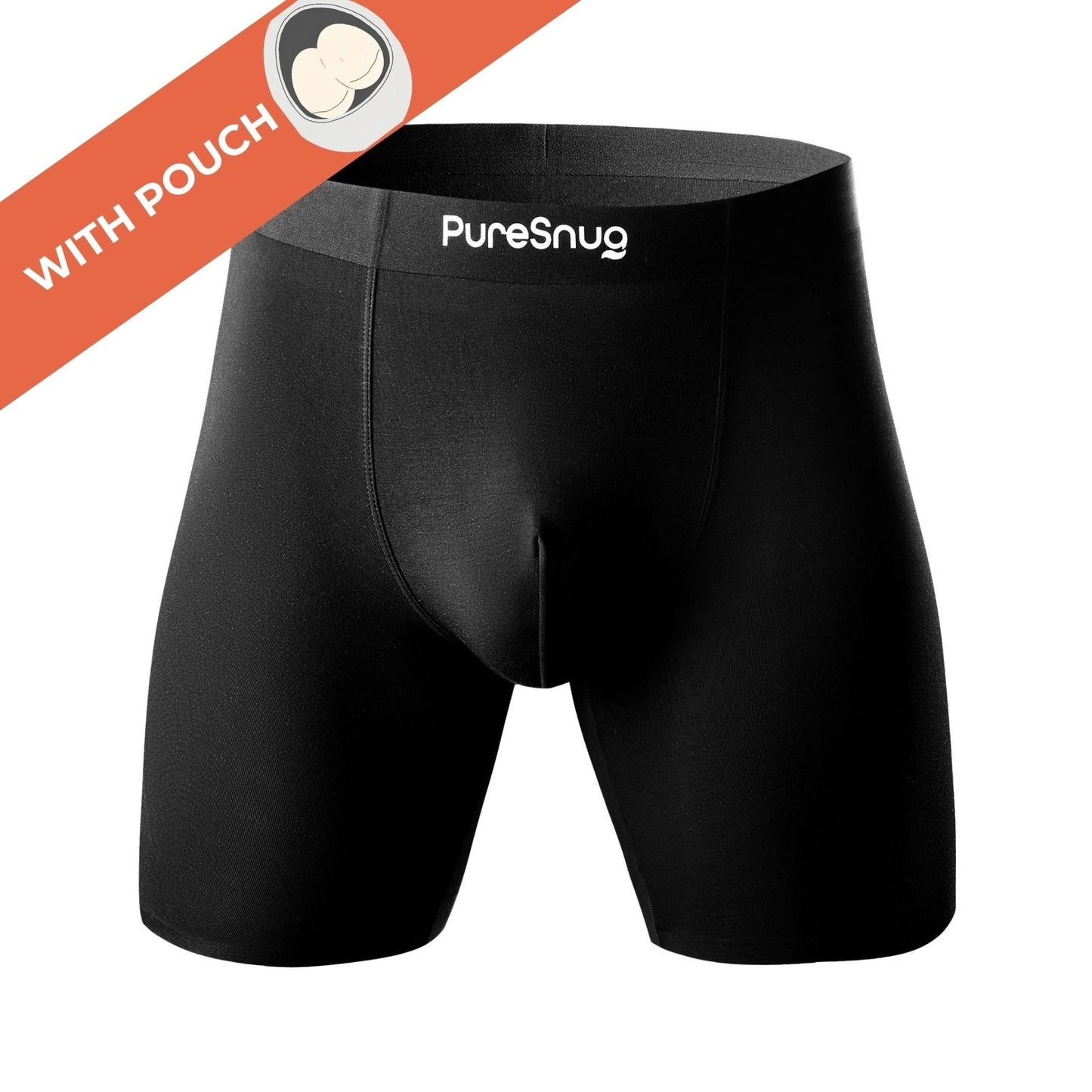 PureSnug men's boxer briefs with supportive ballroom pouch in black, featuring ultra-soft TENCEL™ Modal fabric