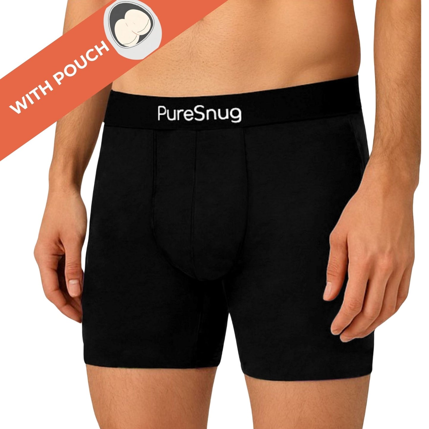 A person wearing black boxer briefs with a waistband labeled "PureSnug." An orange banner with "WITH POUCH"