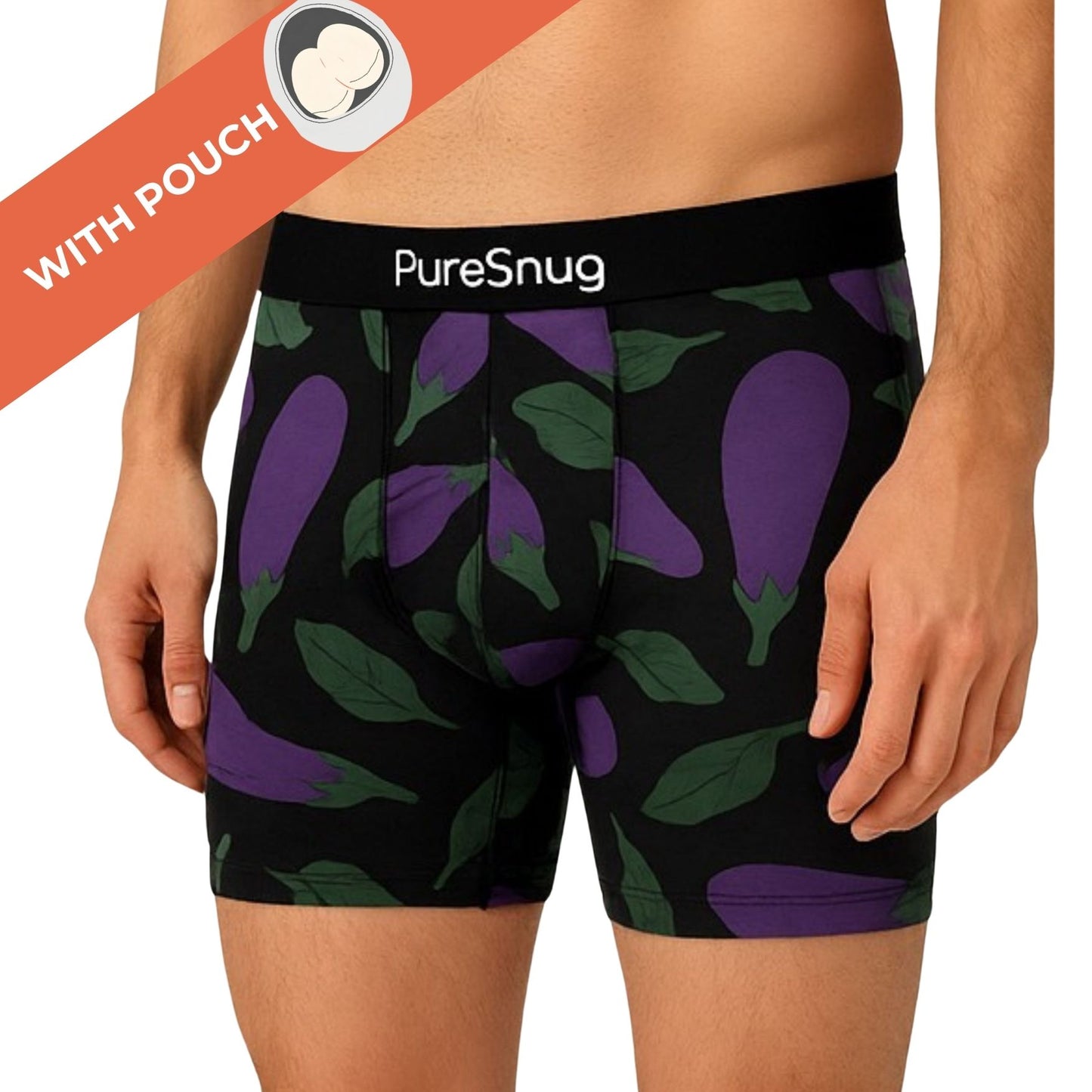 Man wearing black boxer briefs with eggplant print, a waistband labeled "PureSnug." An orange banner with "WITH POUCH"