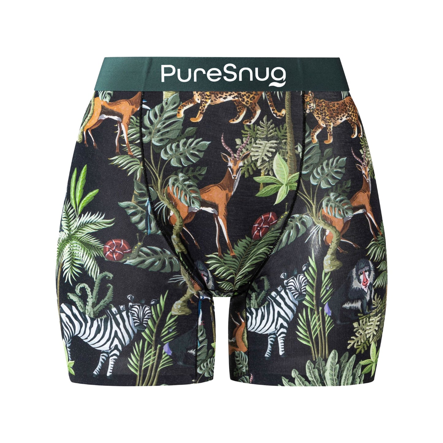 PureSnug underwear, ladies' boxer briefs with a 5-inch inseam, featuring a tropical wild jungle print with leopard in black background, available in Australia by PureSnug.