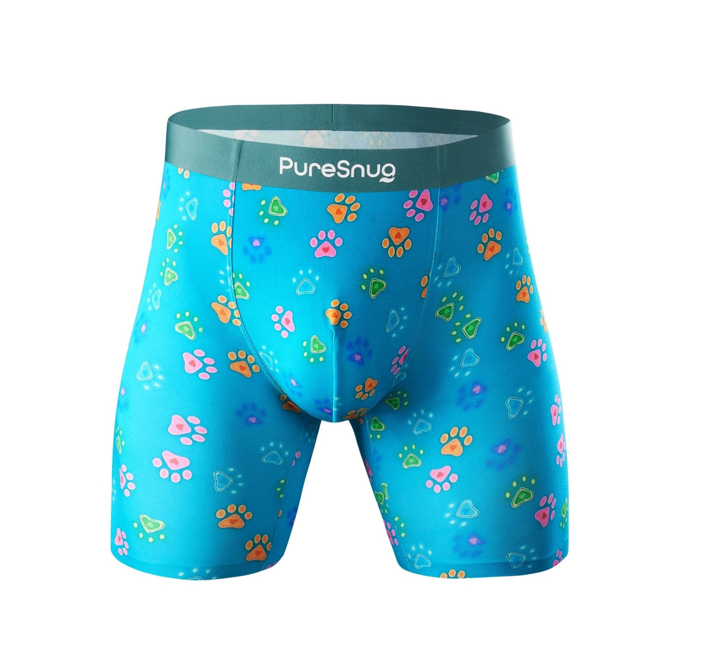 PureSnug Men's Boxer Briefs in vibrant multicolour paw print on teal background – breathable modal fabric, 6-inch inseam, supportive, PureSnug logo waistband, sizes XS to 4XL