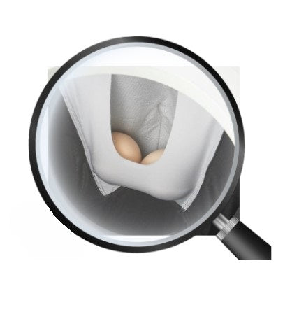 Close-up illustration of PureSnug boxer briefs with magnified view of the pouch holding two eggs, symbolizing testicular support and separation