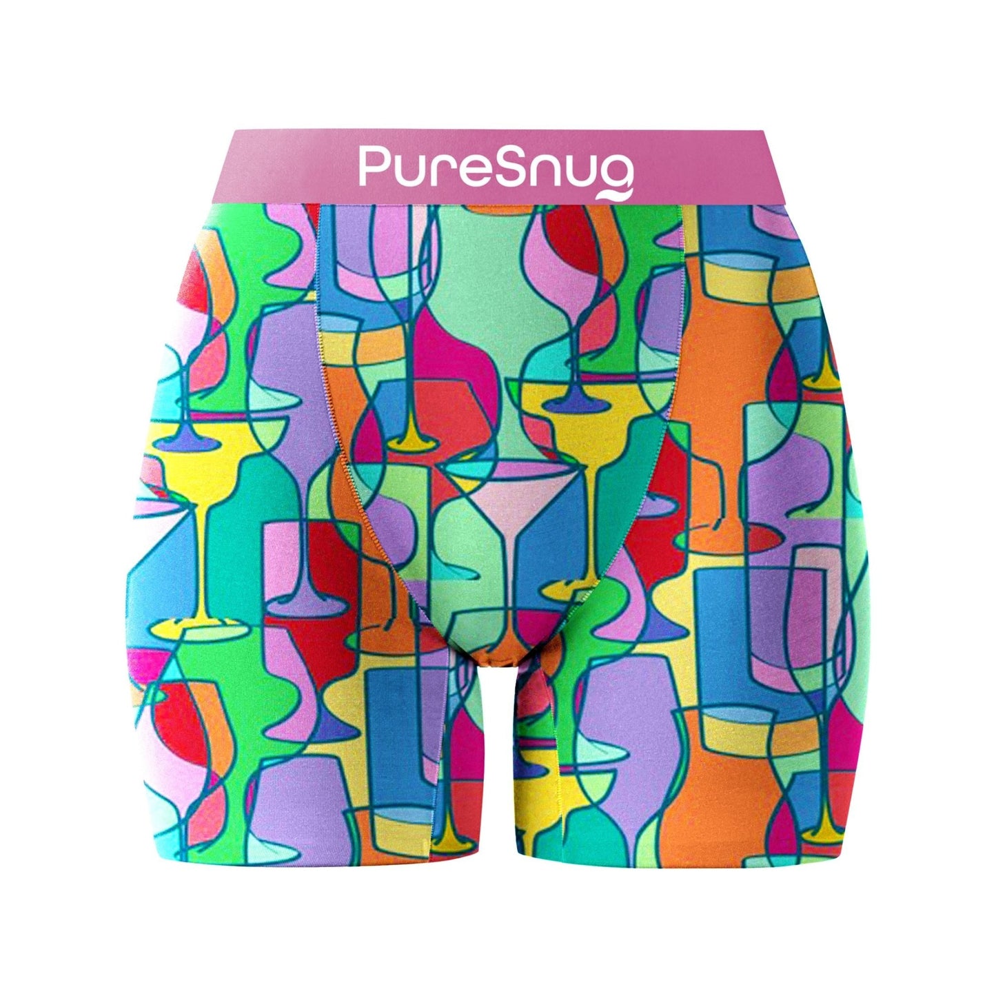 PureSnug underwear, ladies' boxer briefs with a 5-inch inseam, featuring red wine, cocktail party theme in purple background, available in Australia by PureSnug.