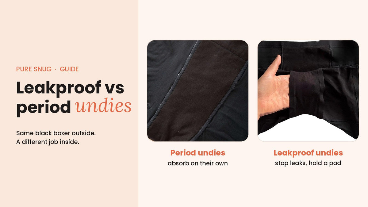 Inside PureSnug period boxer briefs with an absorbent panel next to leakproof boxer briefs with a floating gusset for pads
