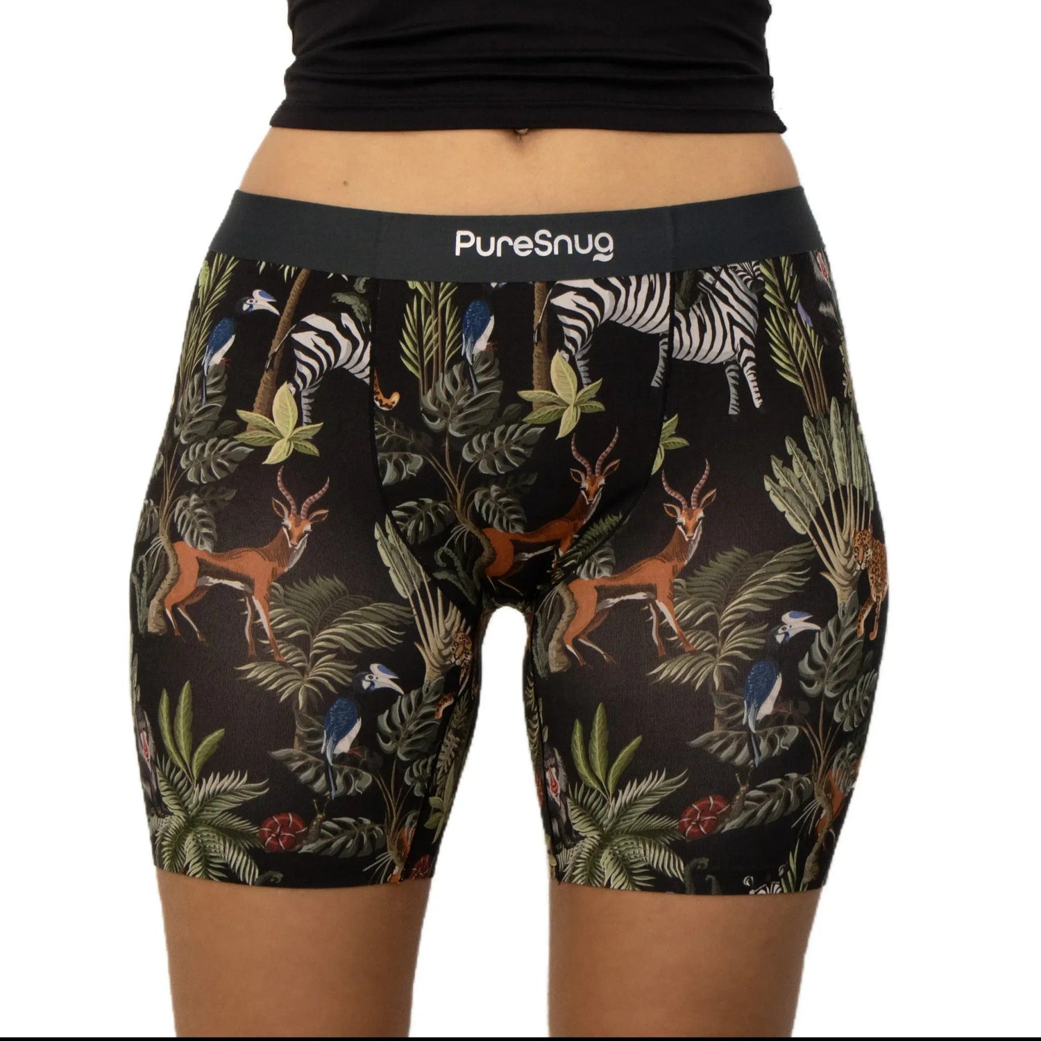 PureSnug's Bright and Colourful Tropical Flamingo Print Ladies Boxer Shorts. Comfortable and fun underwear for women who want chaff-free, and wedgie-free undies from petite to plus sizes.