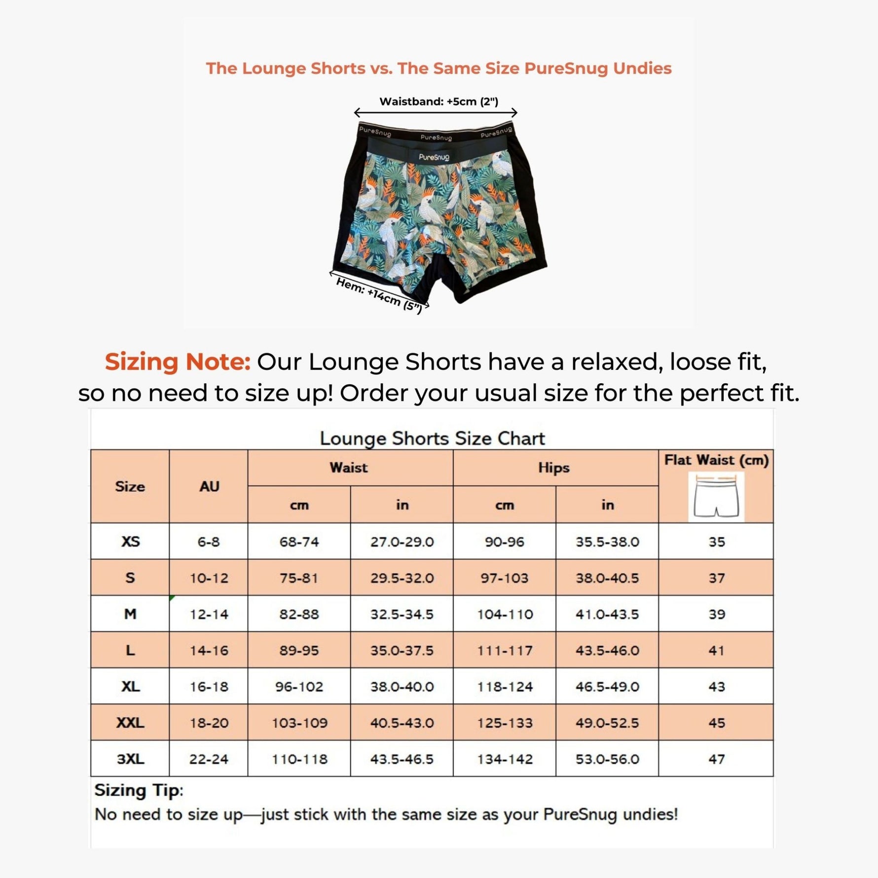 PureSnug lounge shorts with a size chart and comparison text on a white background