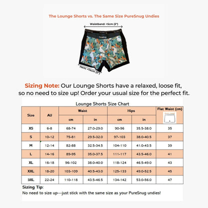 PureSnug lounge shorts with a size chart and comparison text on a white background