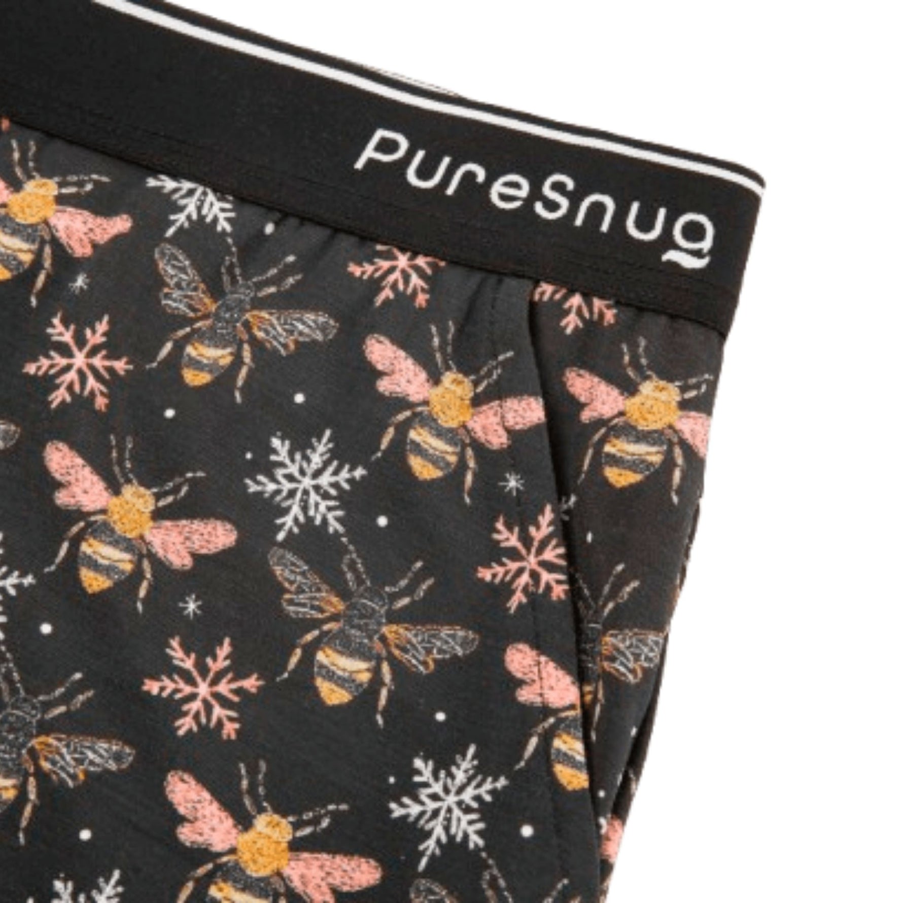 PureSnug Bees Knees lounge short in bees and snowflake pattern with 'PureSnug' branding.
