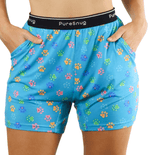 blue lounge shorts with colourful paw print, with Pure Snug signature logo on the waistband, and two large pockets