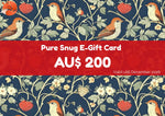 Pure Snug $200 E-Gift Card with berries and birds design on a navy blue background