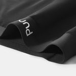 Black fabric with a brand logo on a white background