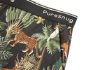 Close-up of women's lounge short in a vibrant jungle print with animals and foliage, topped with a black PureSnug waistband.