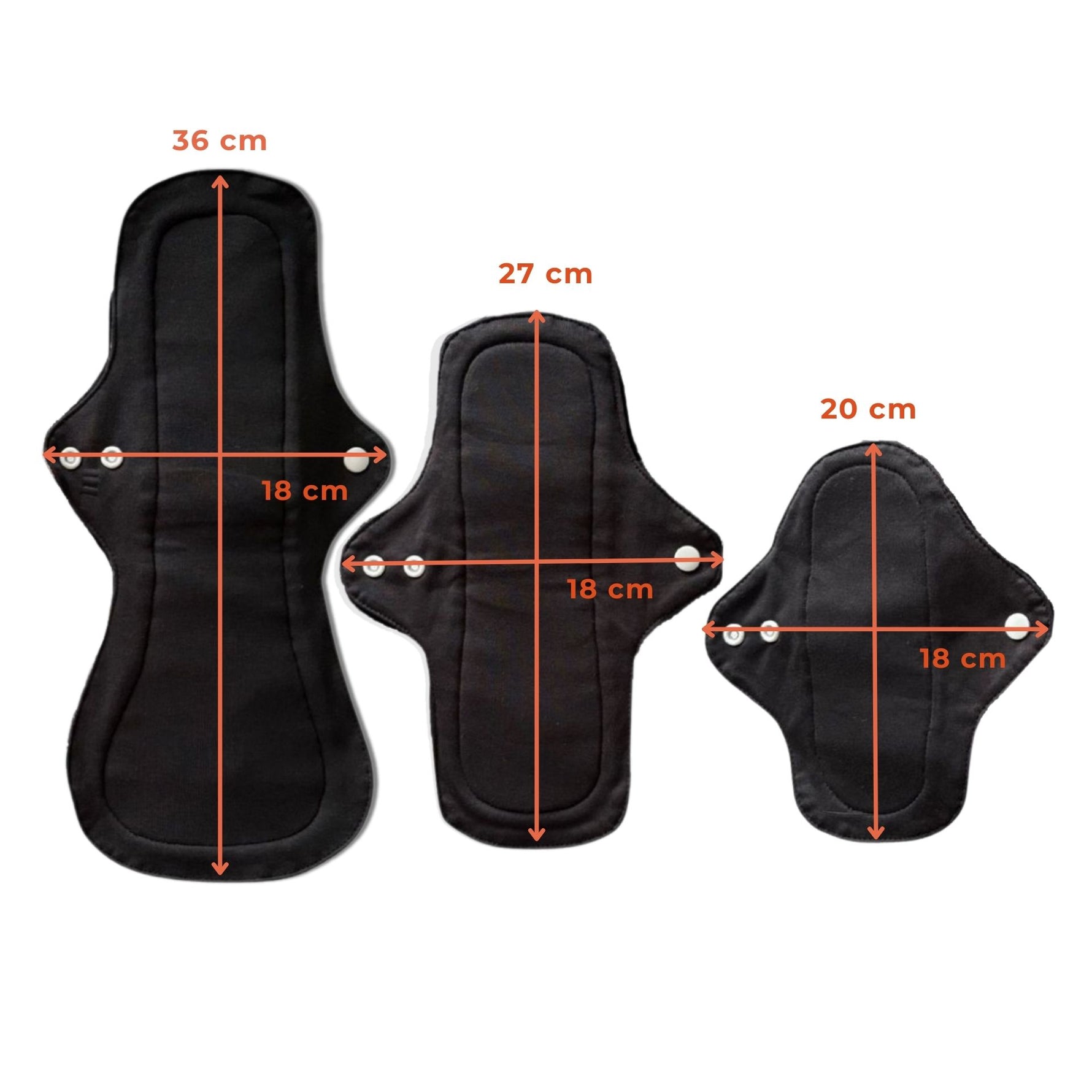 Three black reusable menstrual pads of varying sizes: 36 cm, 27 cm, and 20 cm, marked with dimensions in orange text.