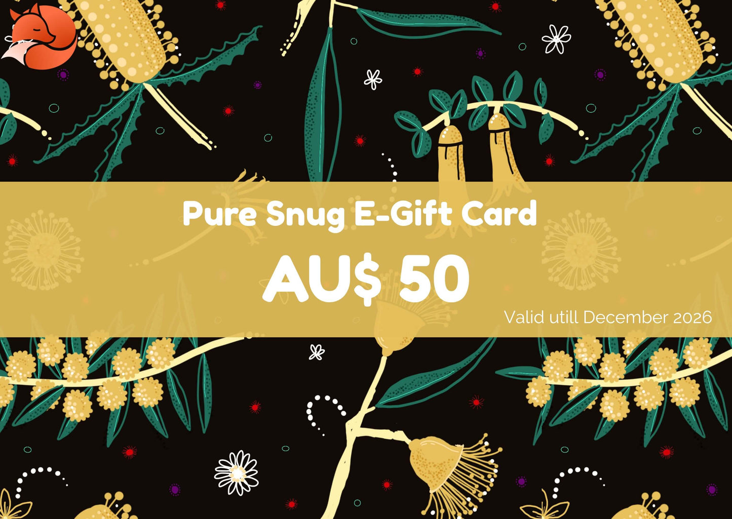 $50 Pure Snug E-gift card with floral design and text on a black background