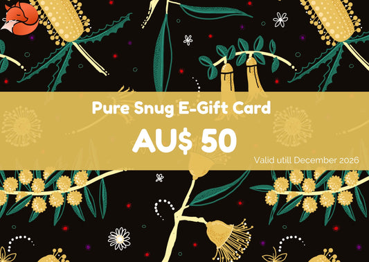 $50 Pure Snug E-gift card with floral design and text on a black background