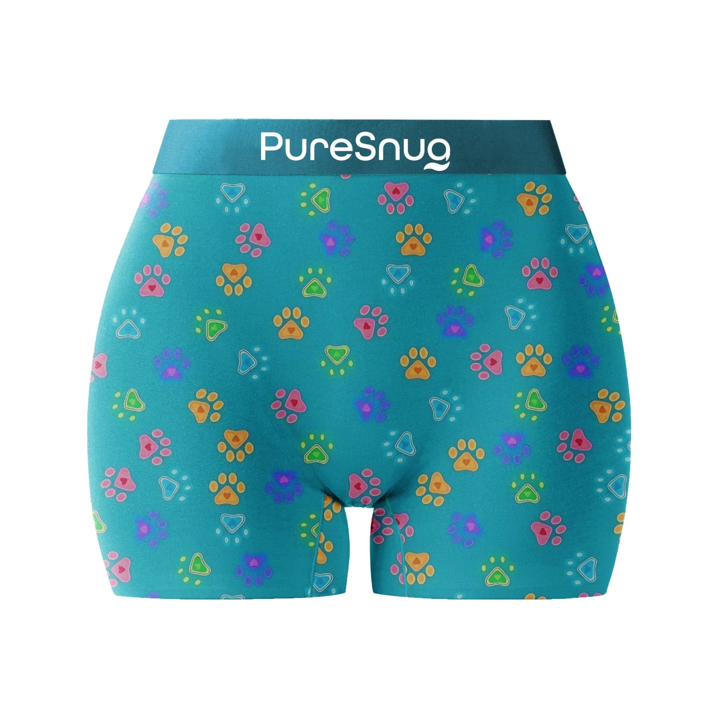 puresnug boyleg underwear in animal paw print and teal background