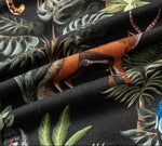 Vibrant jungle-themed prints, including tropical leaves and colorful animals like a fox and birds on a dark background.