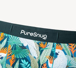 Tropical underwear with cockatoos, orange and blue leaves, and a PureSnug logo waistband.