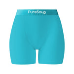 A pair of aqua blue boxer shorts with a light blue PureSnug waistband, showcasing a smooth, modern design.
