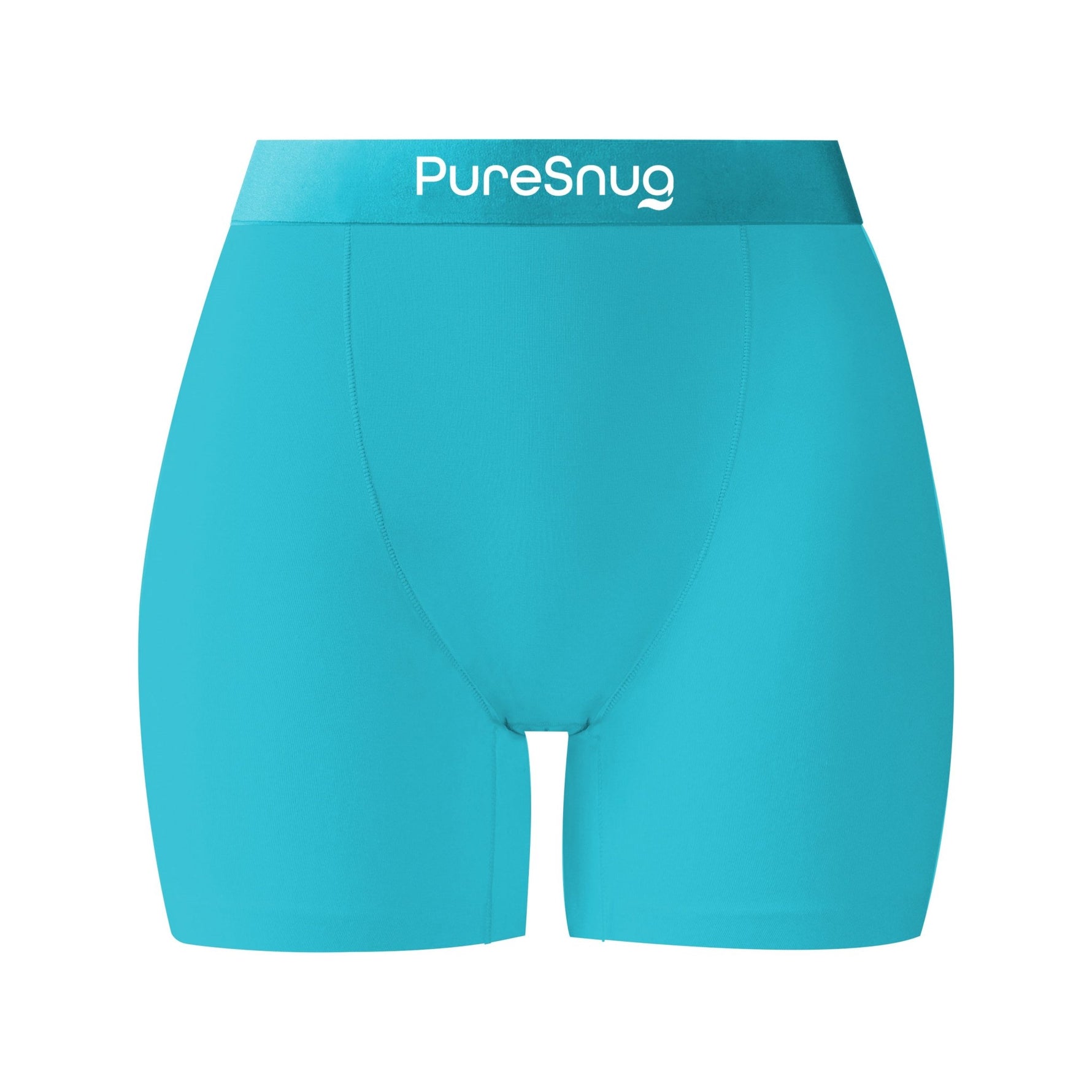 A pair of aqua blue boxer shorts with a light blue PureSnug waistband, showcasing a smooth, modern design.