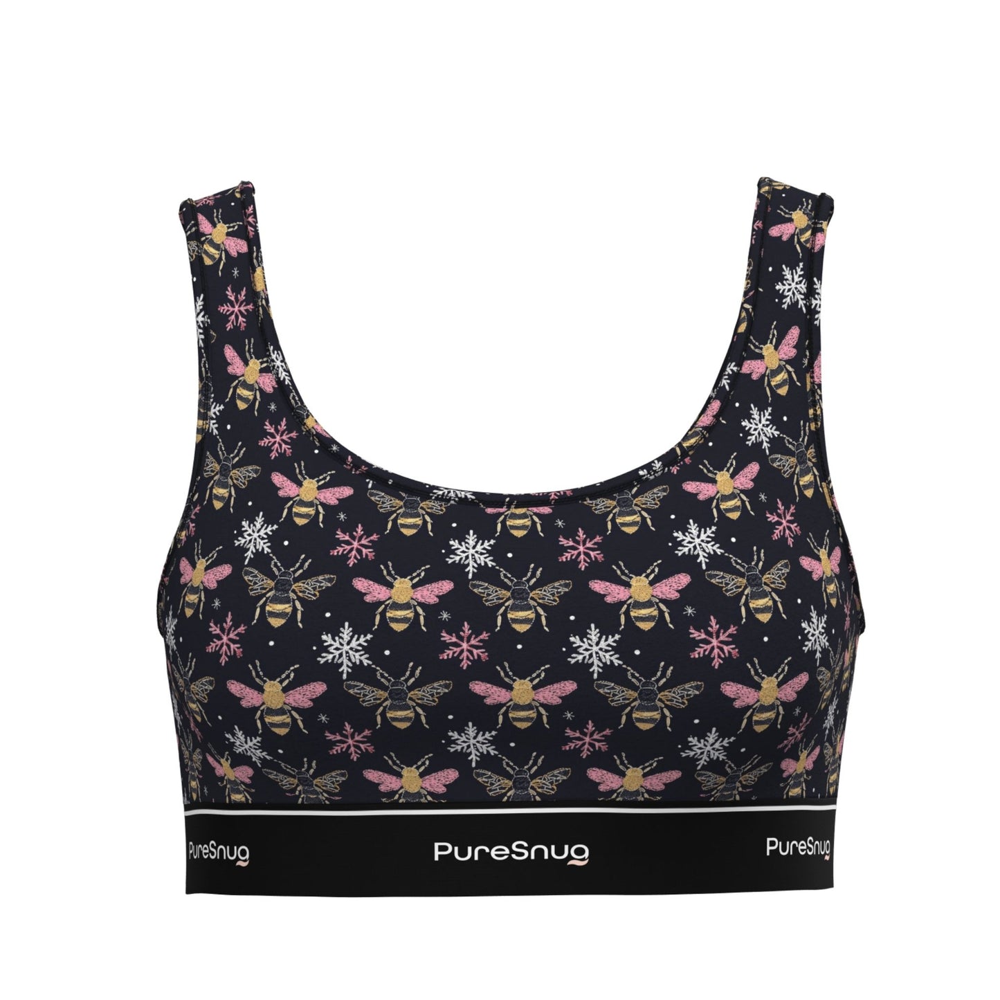 Front view of PureSnug Bees Crop Top with scoop neckline and branded elastic band for sleek, supportive comfort.