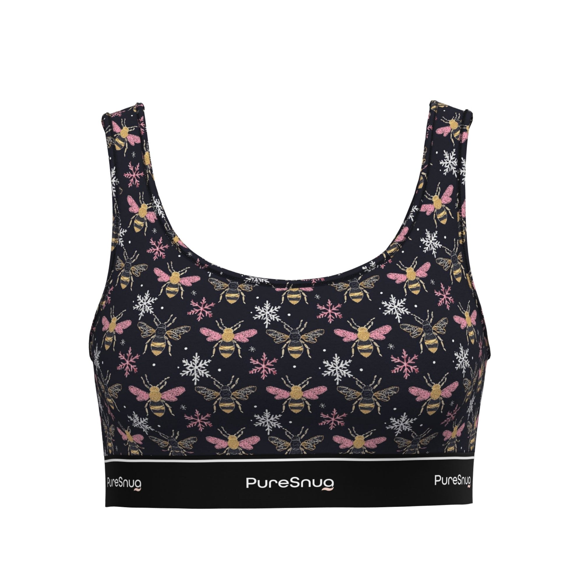 Front view of PureSnug Bees Crop Top with scoop neckline and branded elastic band for sleek, supportive comfort.