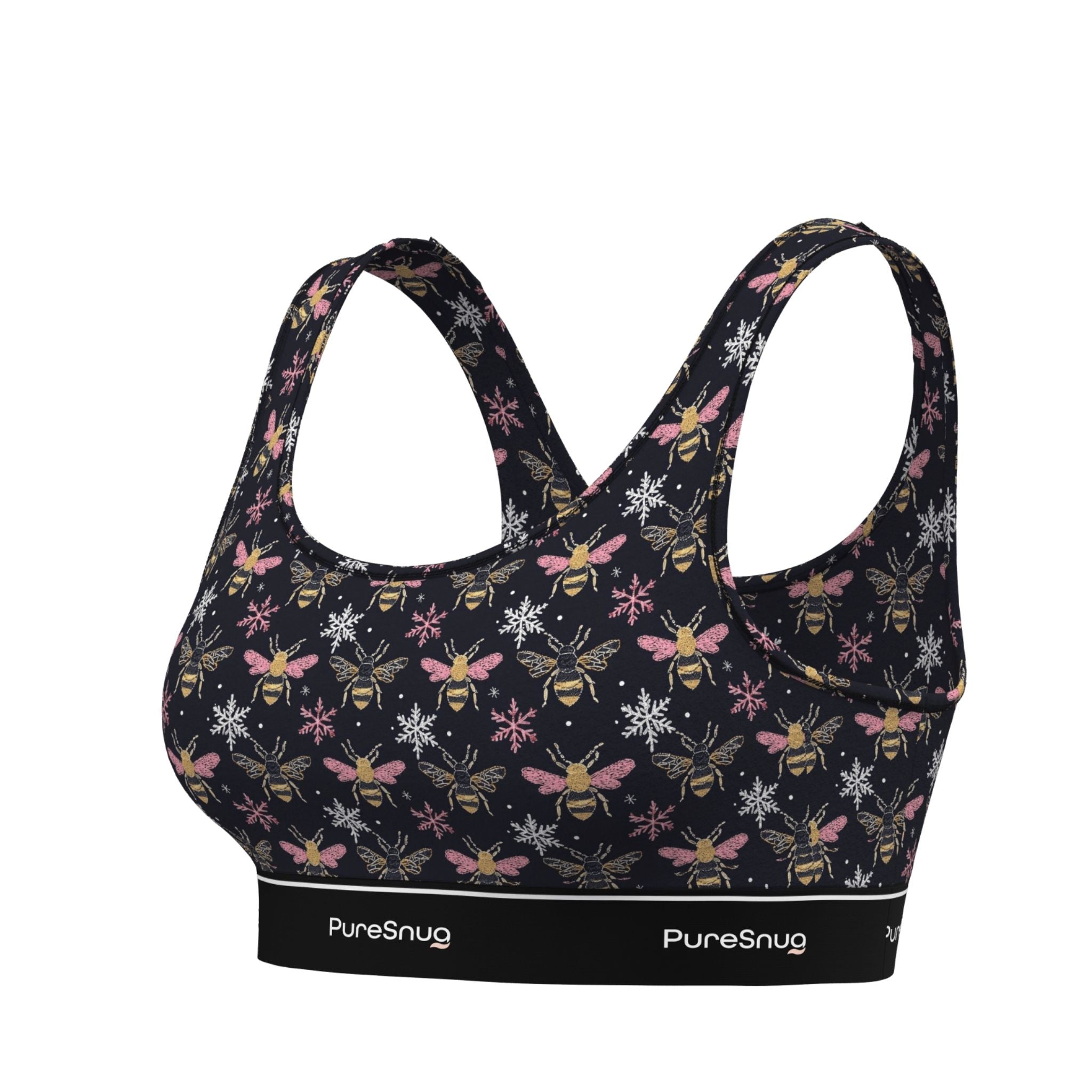 Side angle of PureSnug BeesCrop Top highlighting its contoured fit, scoop neckline, and signature logo band.