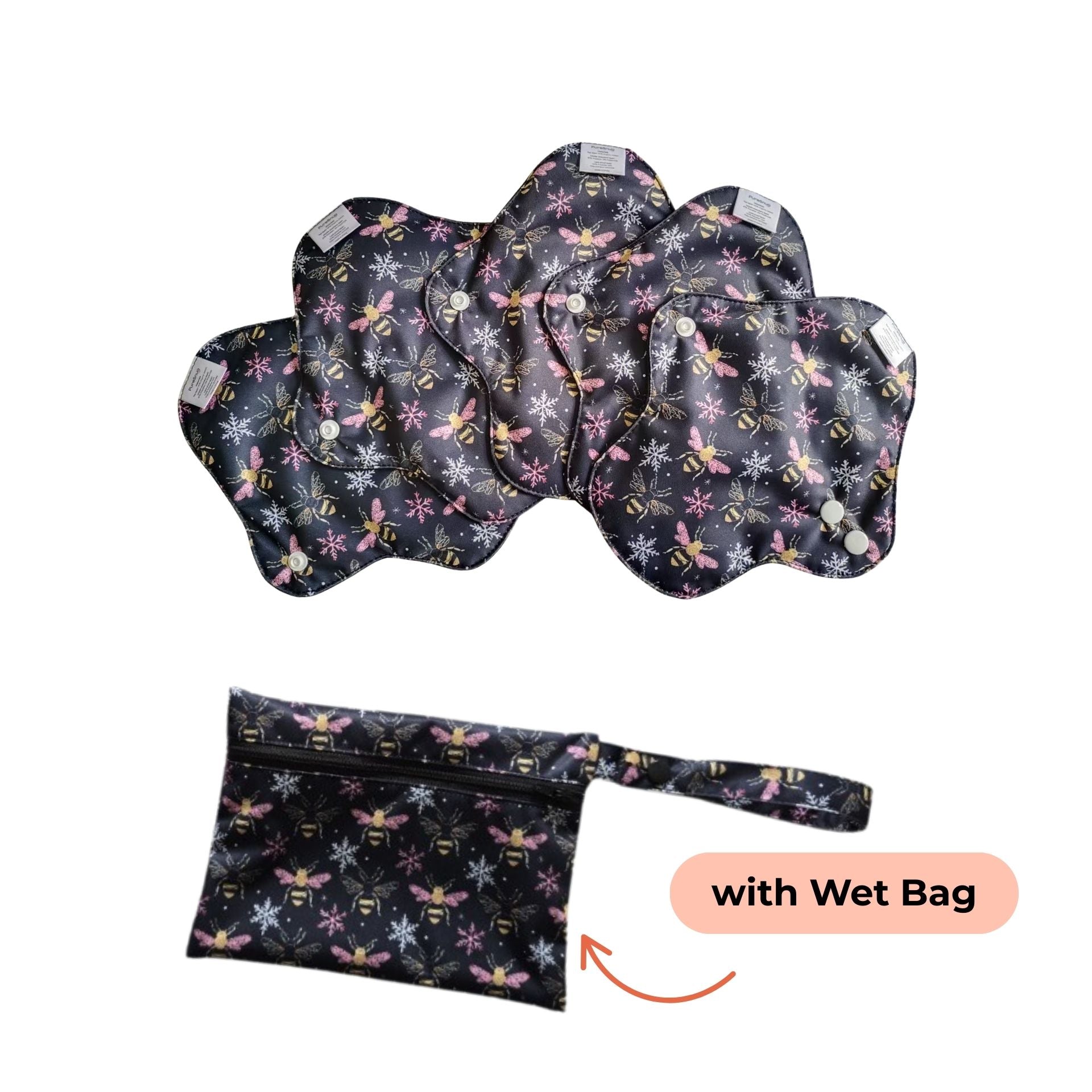 Set of PureSnug's reusable panty liners with a dark floral and bee pattern are arranged in a fan shape w/ a matching wet bag.