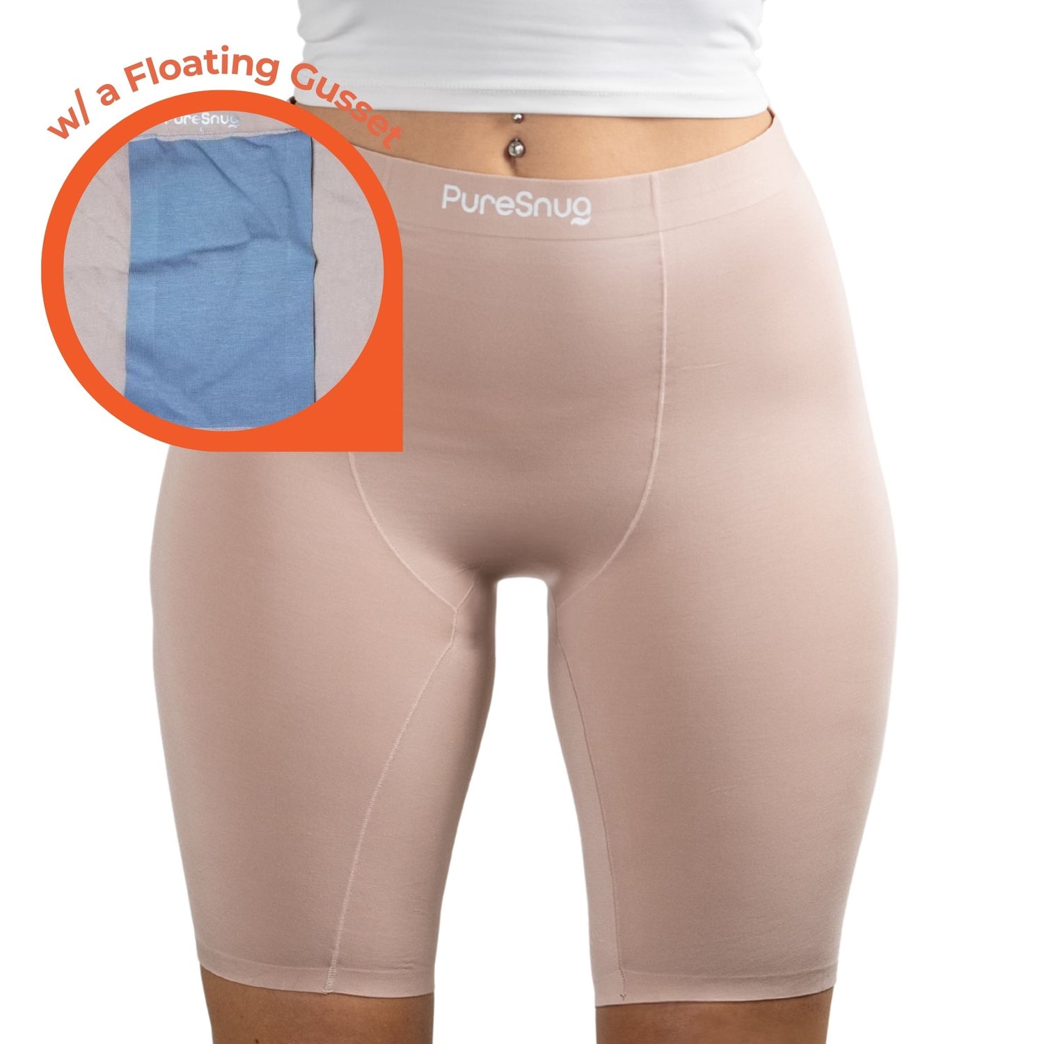 Beige women's biker briefs underwear by Pure Snug, featuring a grey colour organic cotton floating gusset, works well with pads or pads with wings.