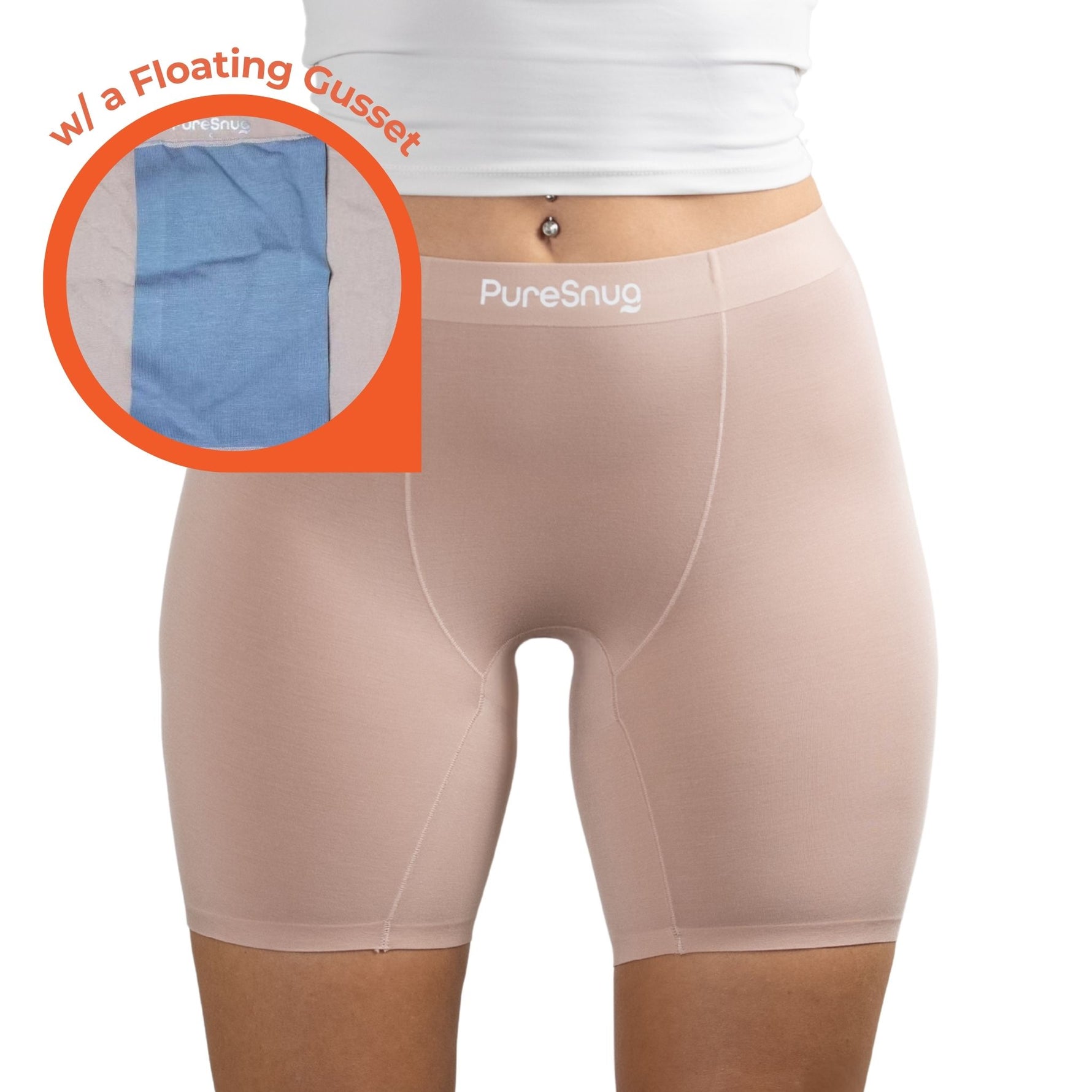 Beige women's boxer briefs underwear by Pure Snug, featuring a grey colour organic cotton floating gusset.